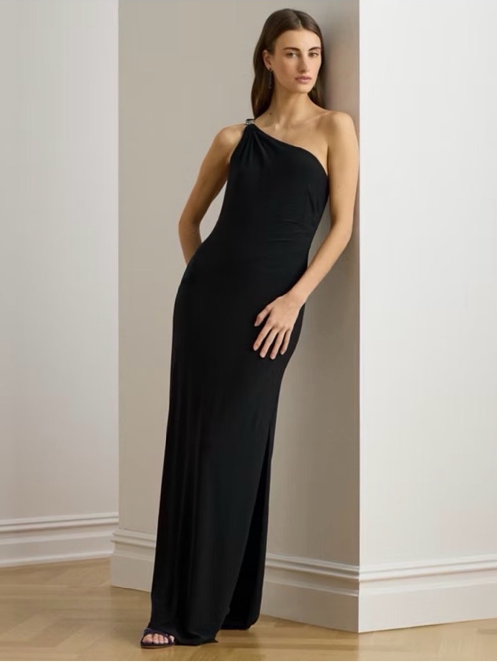 Lauren Ralph Lauren Black One-Shoulder Evening Gown with Rhinestone Brooch - Picture 1 of 5